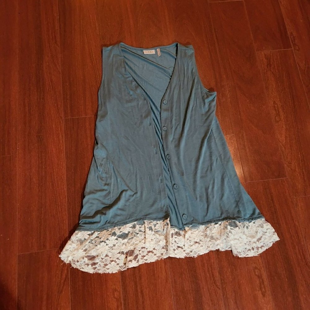 Logo Lori Goldstein Womens Cardigan XS Blue Sleeveless Open Long Vest Lace